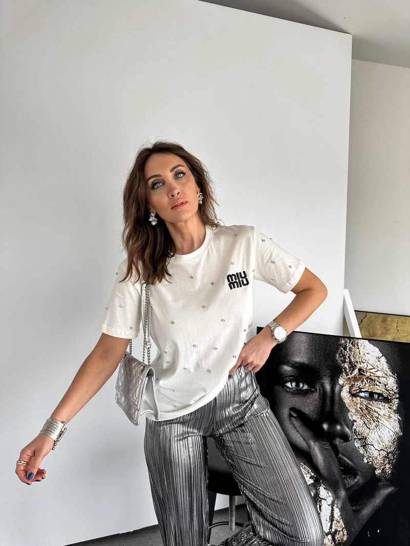 Beyaz Serpme Taşlı Miu Tshirt