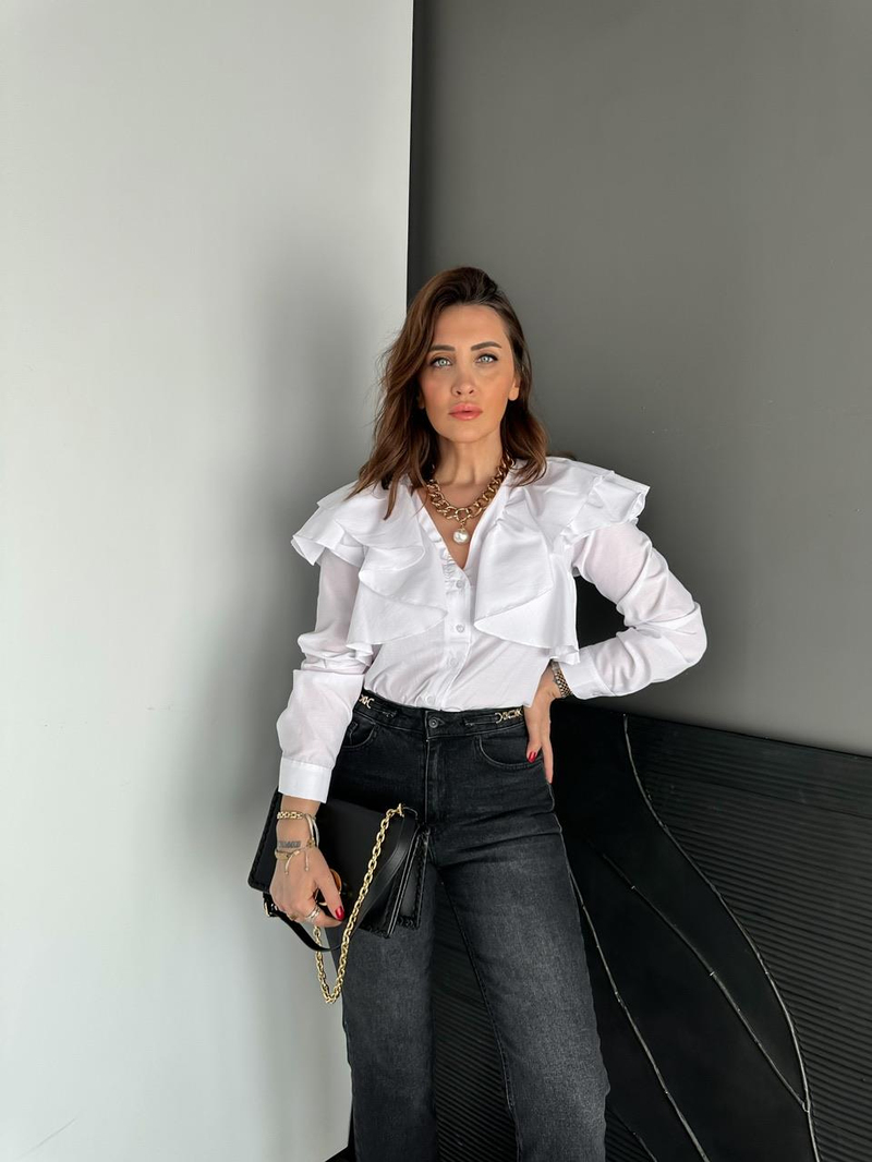 Beyaz Volanlı Poplin Gömlek