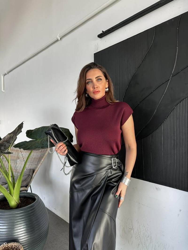 Bordo Balıkçı Yaka Kolsuz Triko