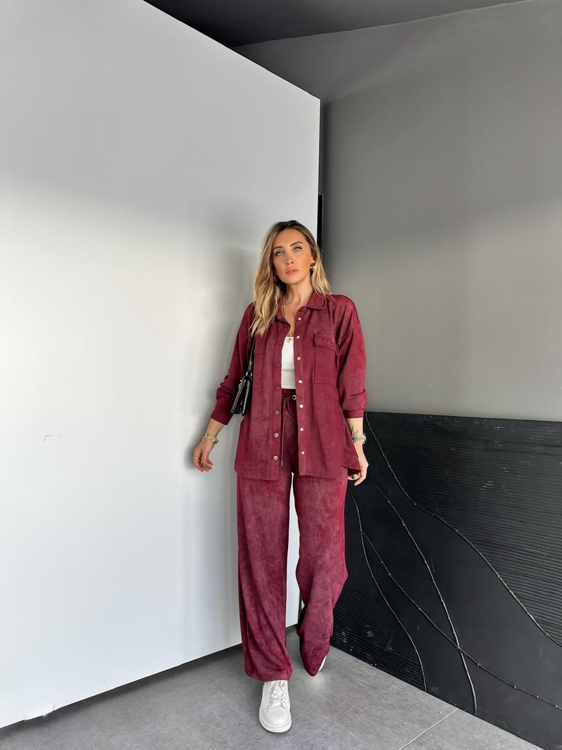 Bordo Batik Desen Gömlekli Takım