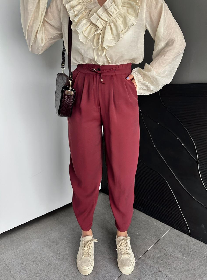 Bordo Beli Lastikli Basic Bol Pantolon