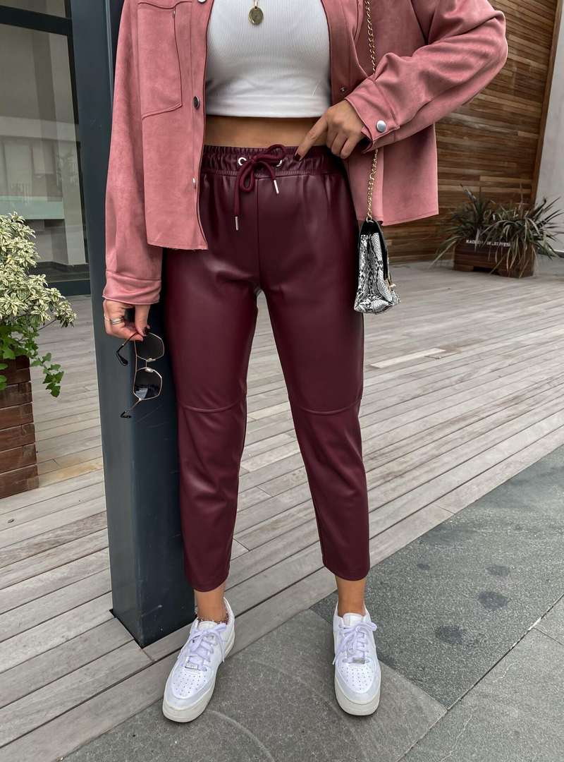 Bordo Beli Lastikli Deri Pantolon