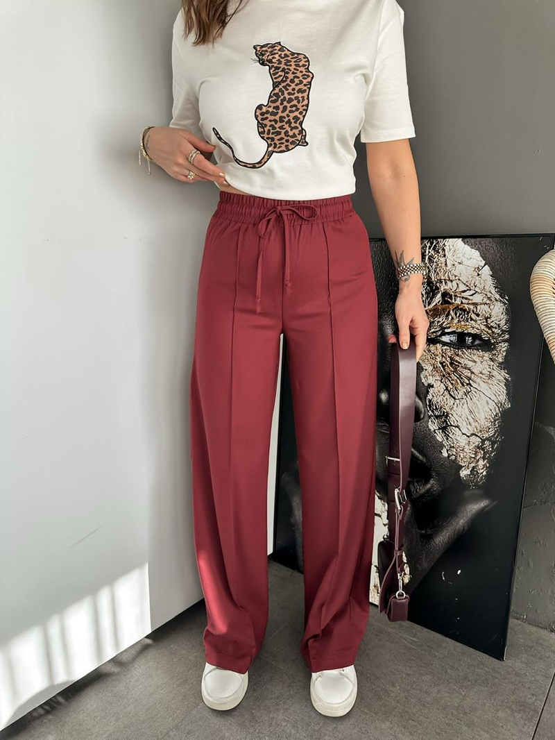 Bordo Bol Kesim Çımalı Pantolon