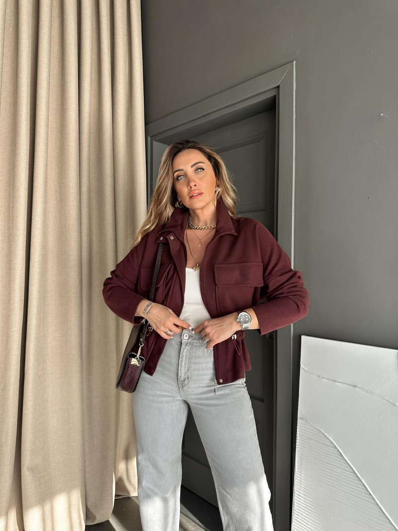 Bordo Büzgülü Kaşkorse Ceket