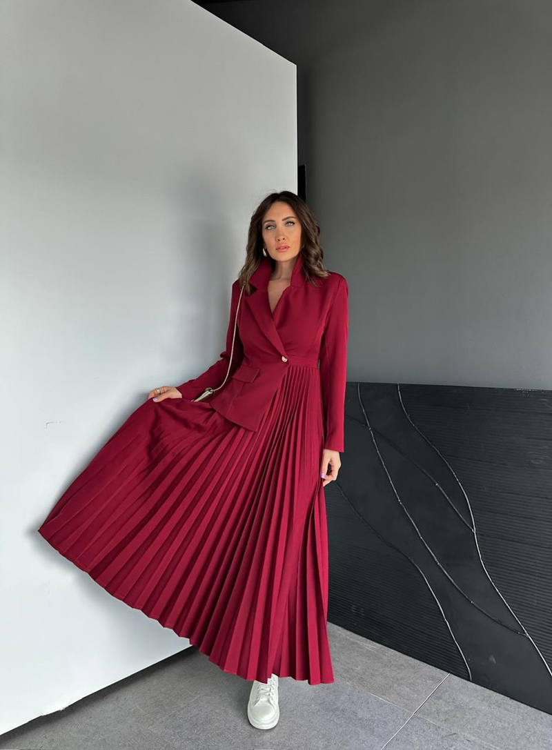 Bordo Ceket Etek Görünümlü Elbise