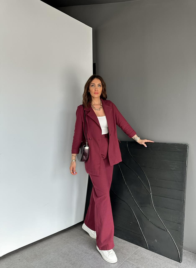 Bordo Ceket Pantolon Keten Şık Takım