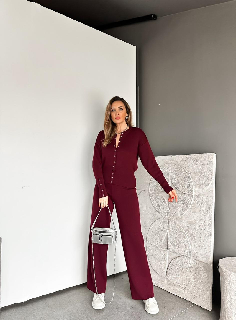 Bordo Çıtçıtlı Detaylı Triko Takım