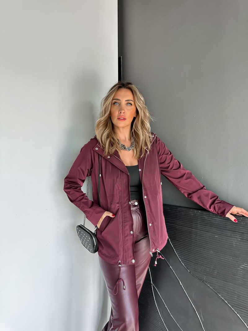 Bordo Cıtcıtlı Kapşonlu Yağmurluk