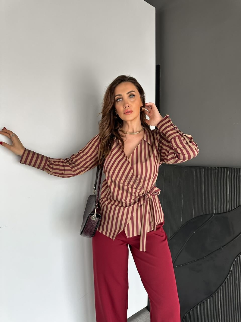 Bordo Çizgili Kruvaze Bağlamalı Gömlek