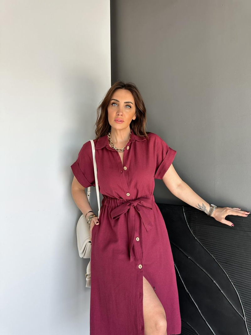 Bordo Düğmeli Beli Lastikli Keten Elbise