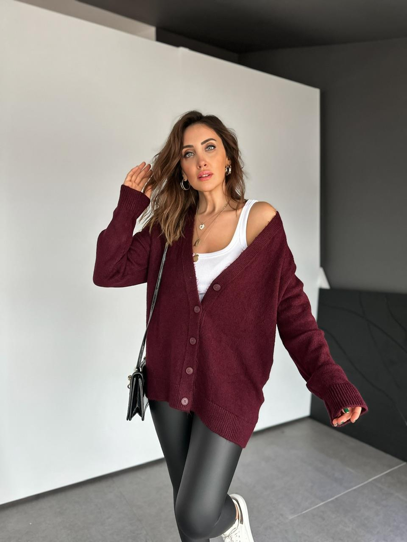 Bordo Düğmeli Salaş Basic Hırka
