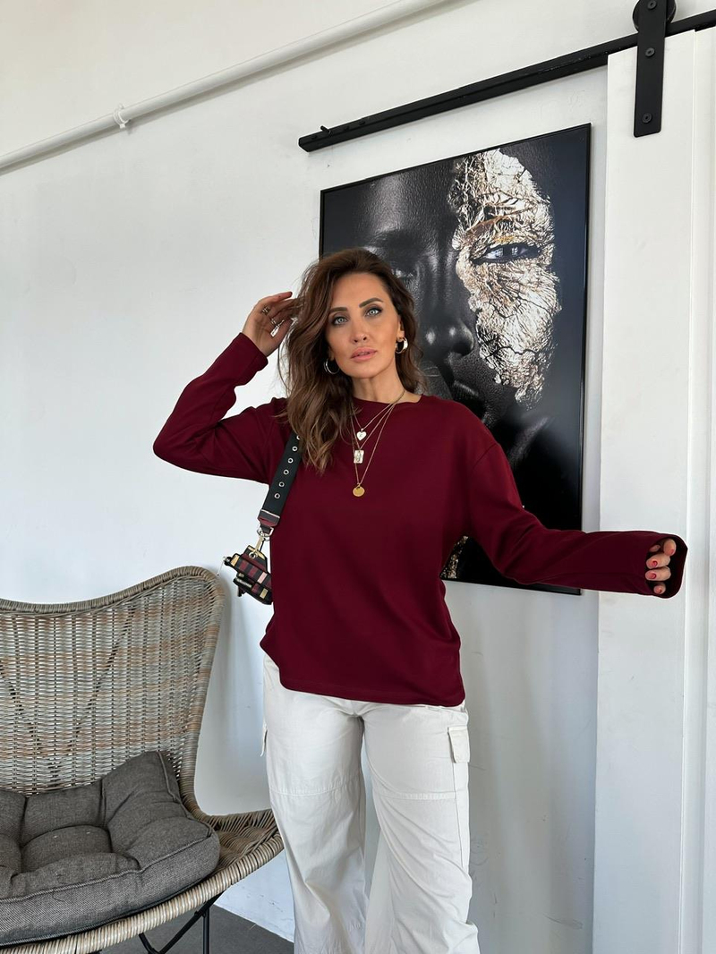Bordo Düz Uzun Kollu Tshirt 
