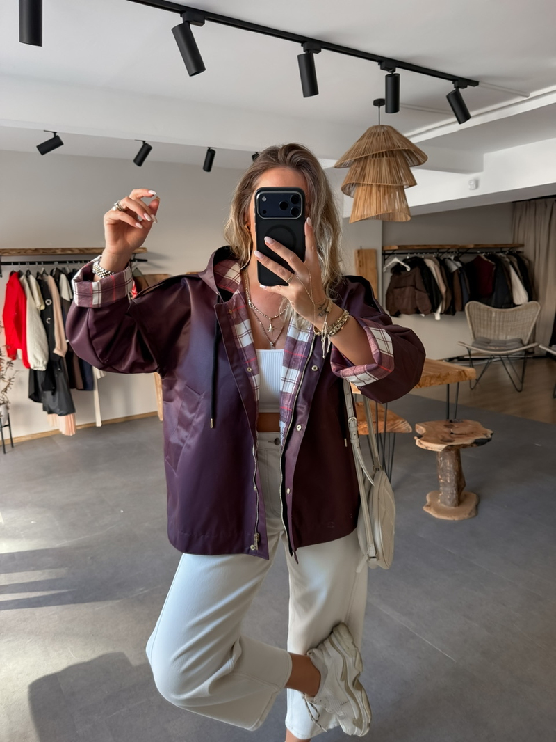 Bordo Ekose Astarlı Mumlu Mont