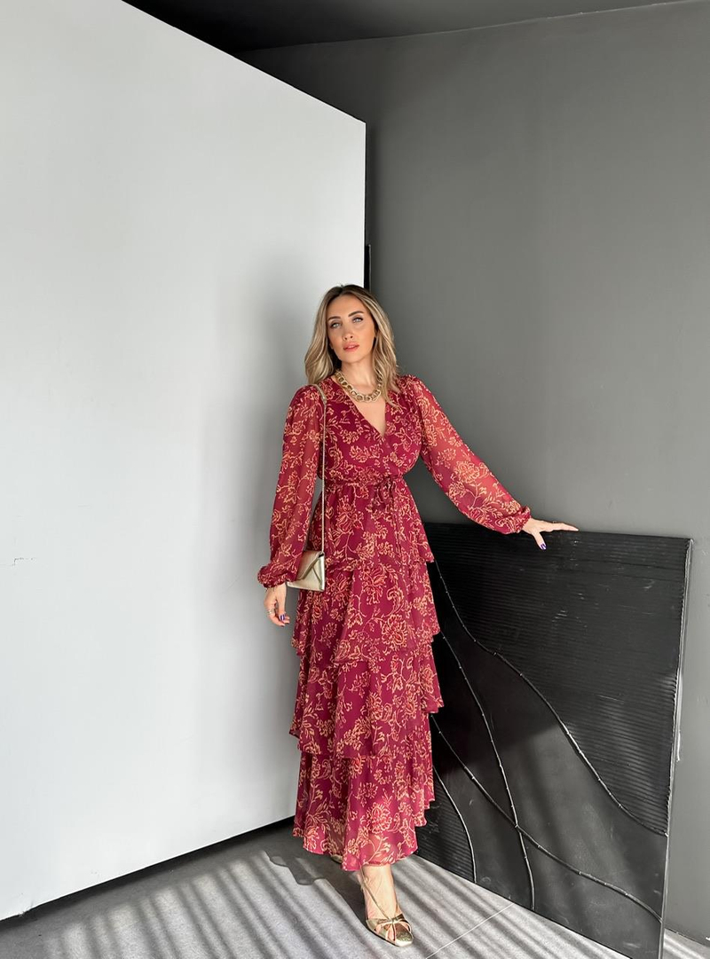 Bordo Eteği Katlı Maxi Elbise