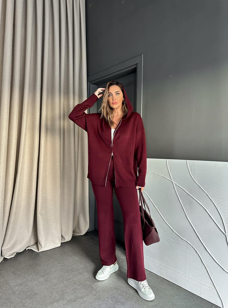 Bordo Fermuarlı Kapşonlu Triko Takım