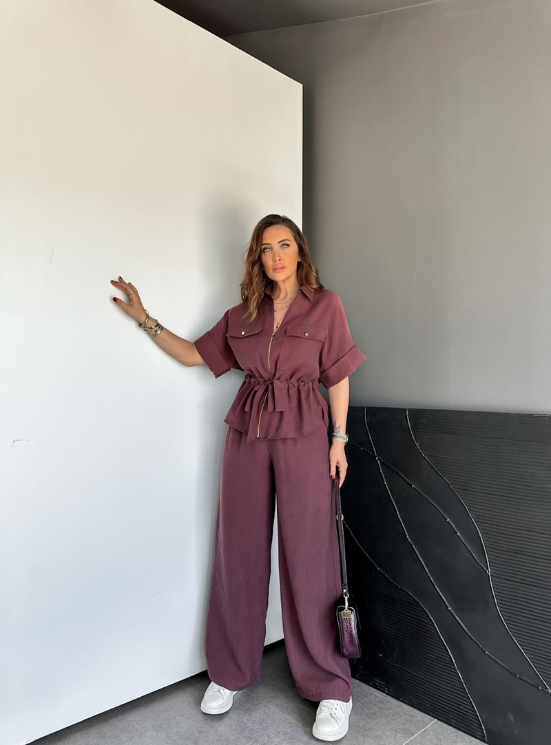 Bordo Fermuarlı Kuşaklı Premium Takım
