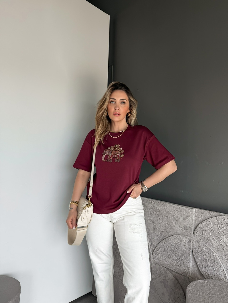 Bordo Fil Nakışlı Cotton Tshirt