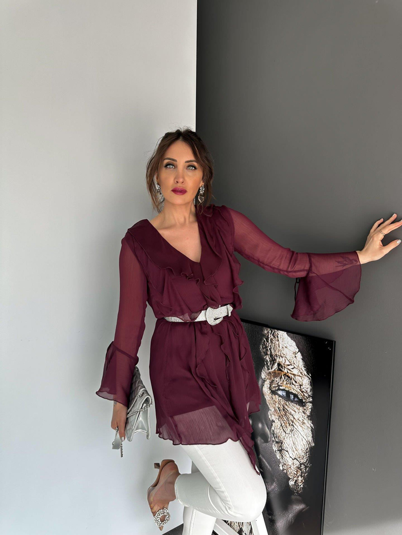 Bordo Fırfırlı Şifon Bluz