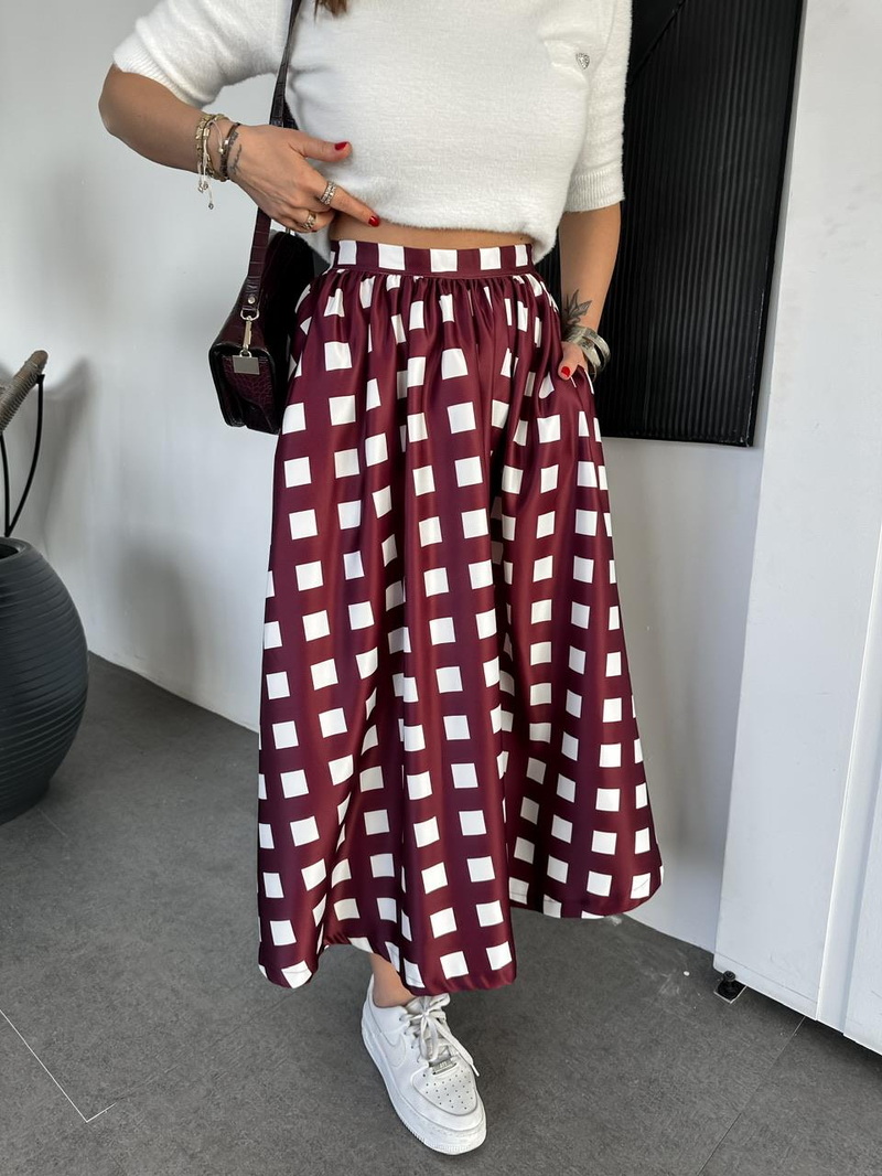 Bordo Geometrik Desenli Cepli Etek