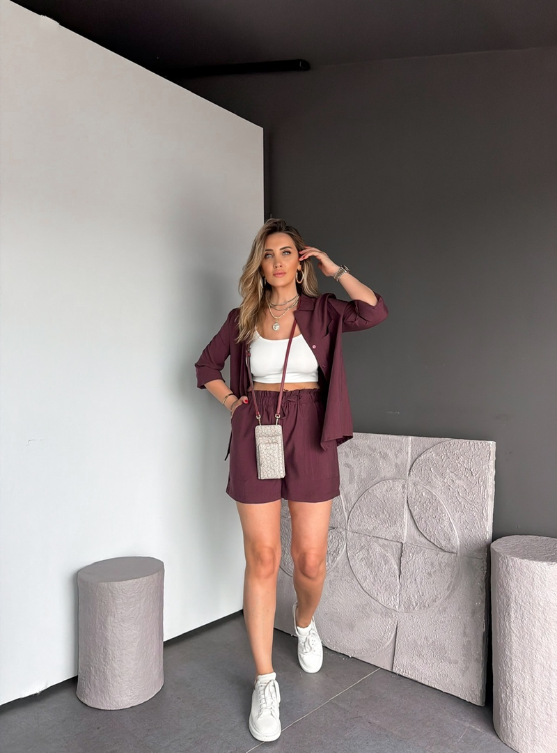 Bordo Gömlek Şortlu Zr Tensel Takım