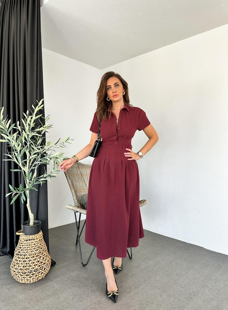 Bordo İpli Pensli Keten Elbise