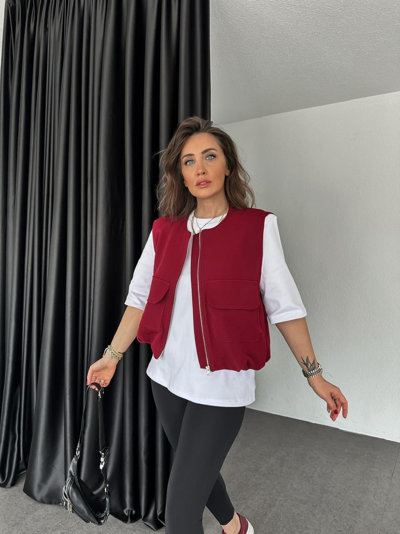Bordo Kapak Cepli Büzgülü Yelek