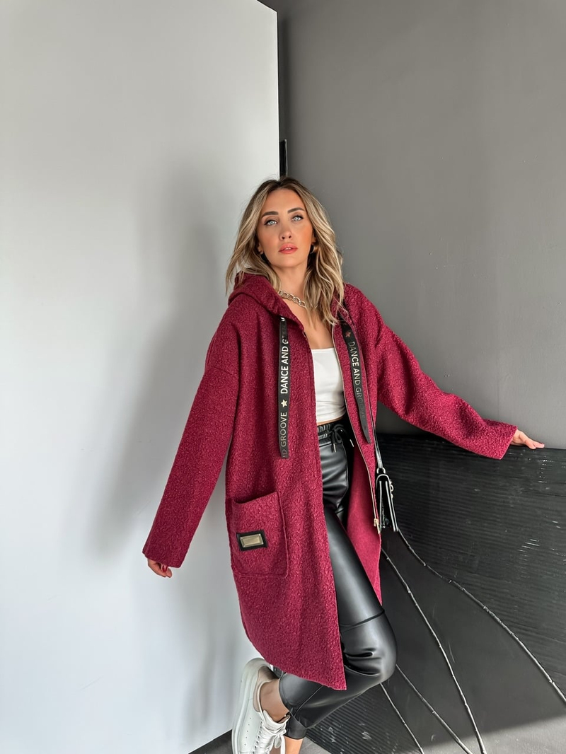 Bordo Kapşonlu Dance Yazılı Kaban