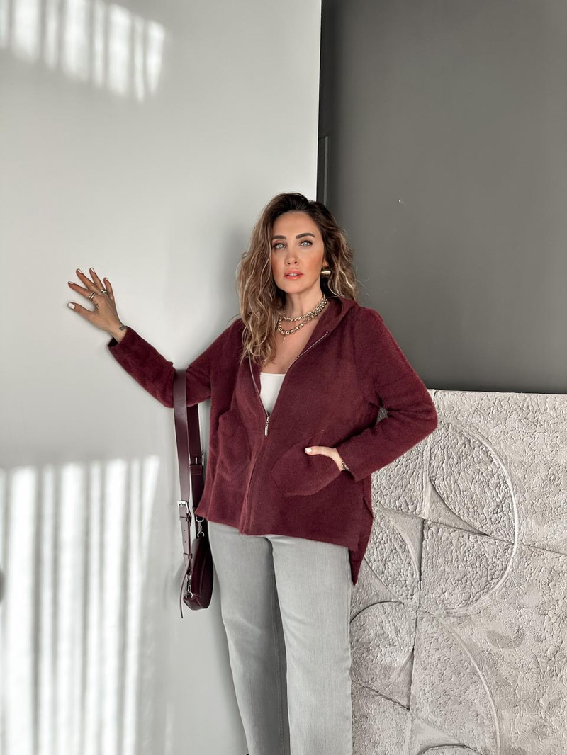 Bordo Kapşonlu Fermuarlı Yumoş Hırka