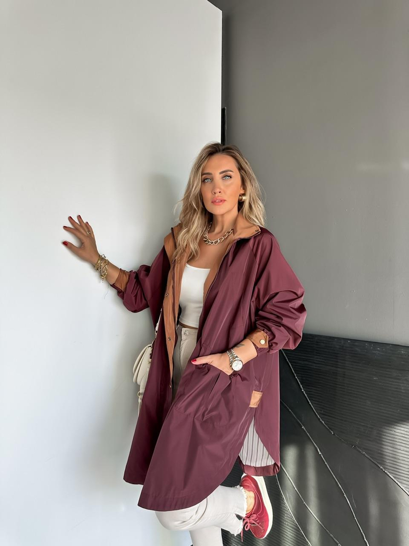 Bordo Kapşonlu Tasarım Premium Trençkot