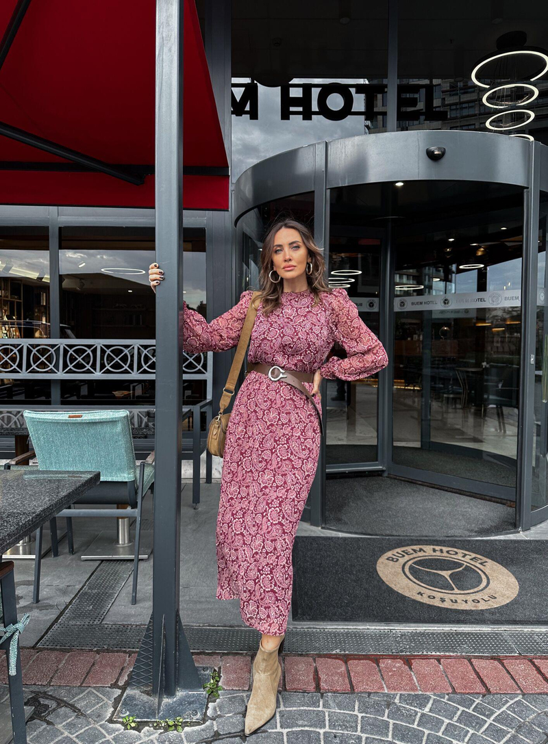 Bordo Kemerli Maxi Elbise