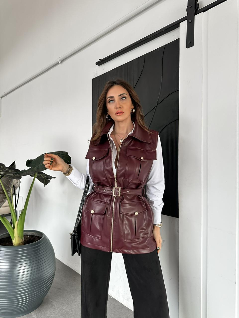 Bordo Kemerli Safari Deri Yelek