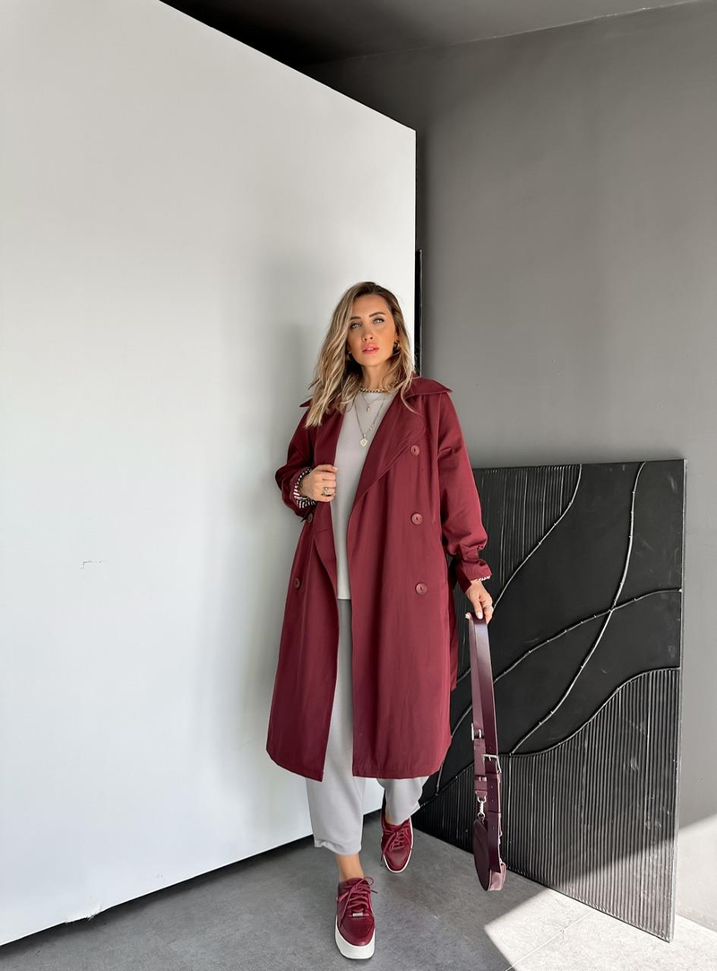 Bordo Kolu Bağlamalı Oversize Trençkot