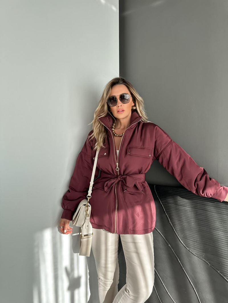Bordo Kuşaklı Şişme Mont