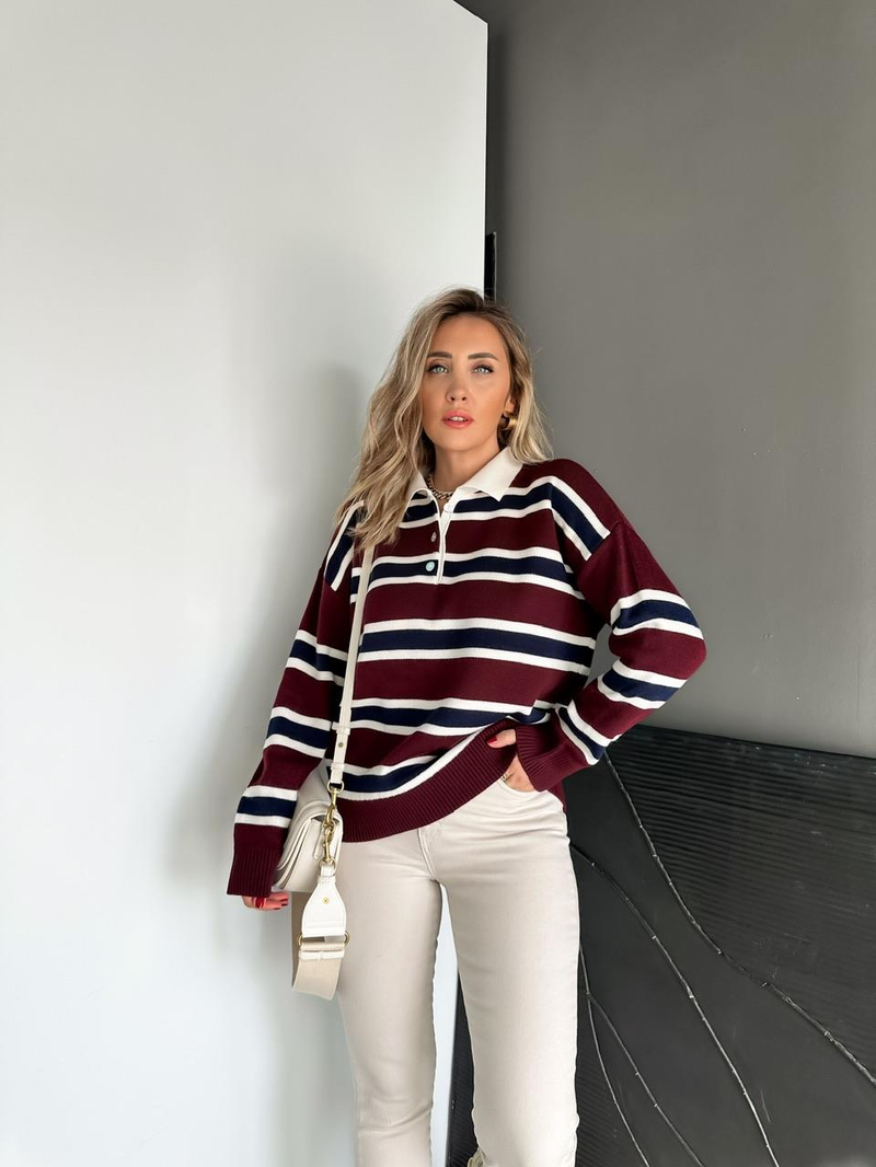 Bordo Lacivert Çizgili Polo Yaka Kazak