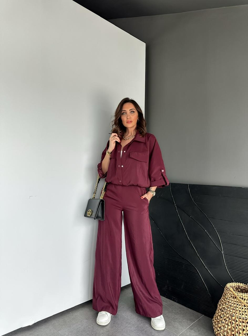 Bordo Manşet Kollu Çıtçıtlı Takım