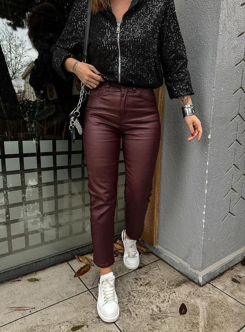 Bordo Mumlu Likralı Pantolon