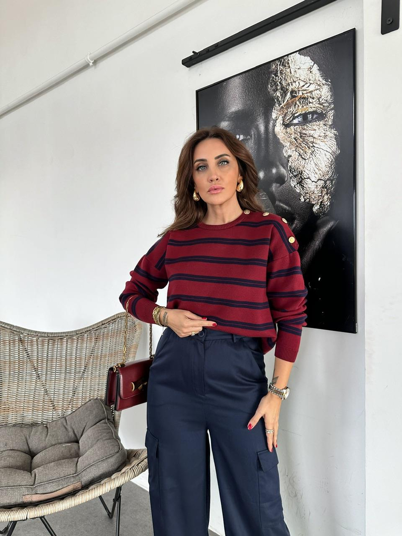 Bordo Omzu Düğmeli Kazak