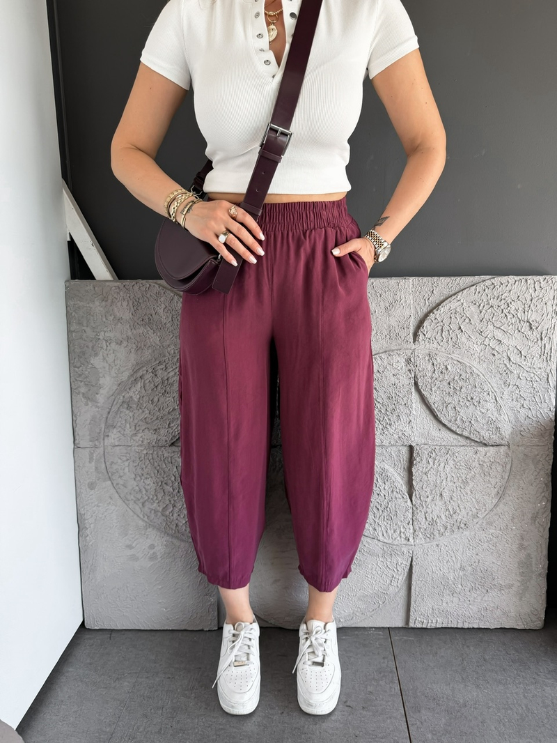 Bordo Ön Dikişli Lastikli Bol Pantolon
