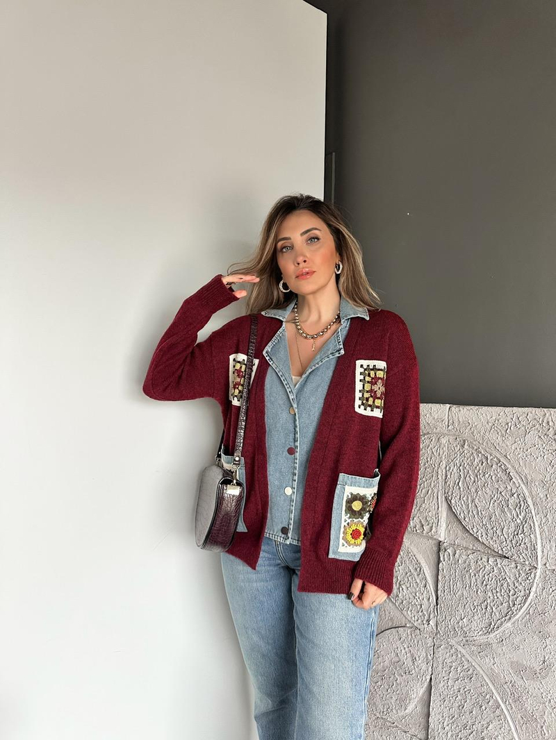 Bordo Patchwork Nakışlı Kot Parçalı Hırka