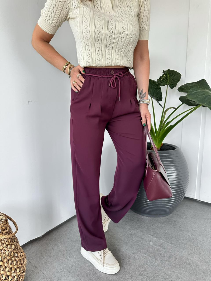 Bordo Pensli Beli İpli Pantolon