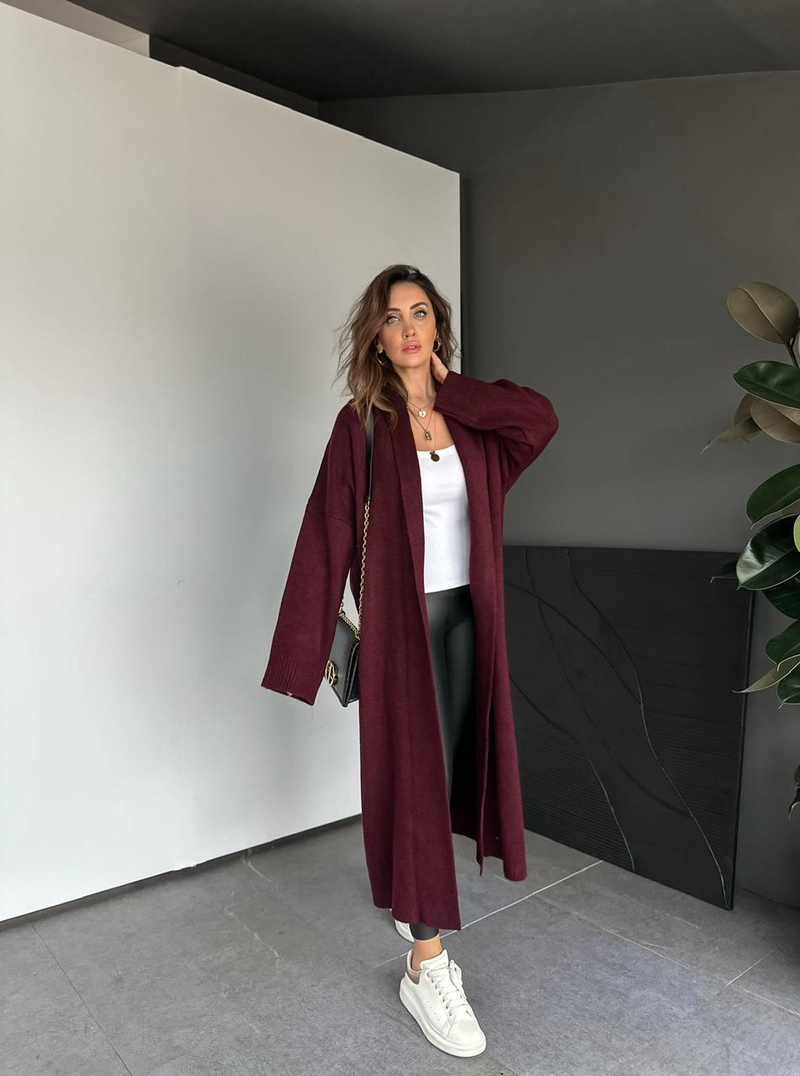 Bordo Şal Yaka Uzun Hırka