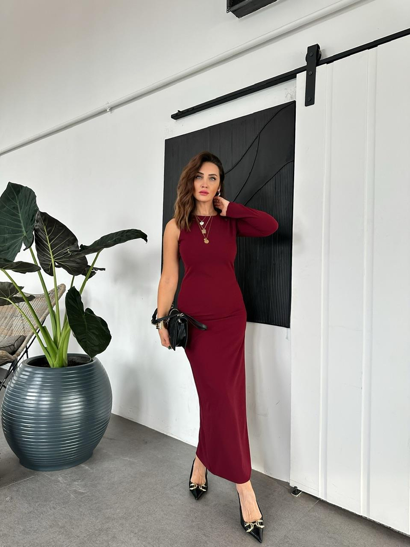 Bordo Tek Kollu Likralı Elbise