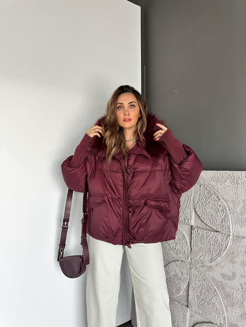 Bordo Triko Kollu Premium Şişme Mont