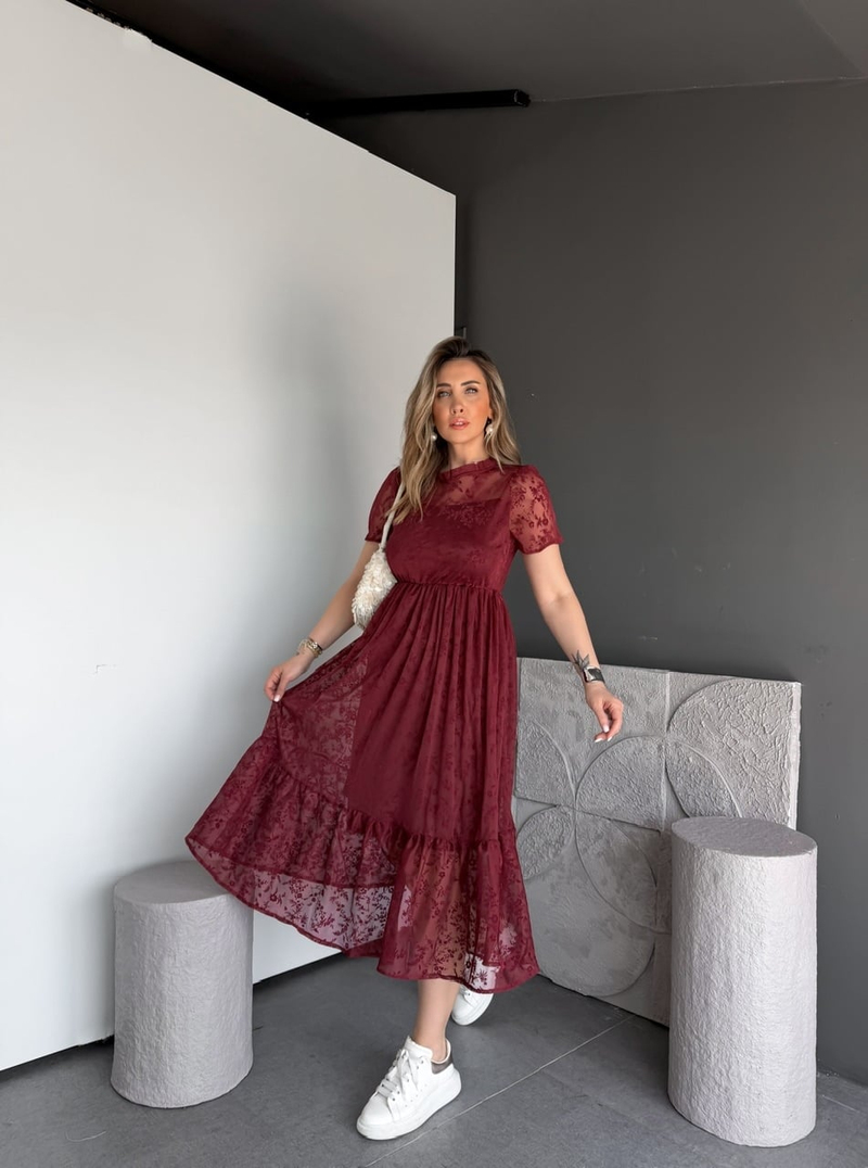 Bordo Tül Çiçek Desenli Elbise
