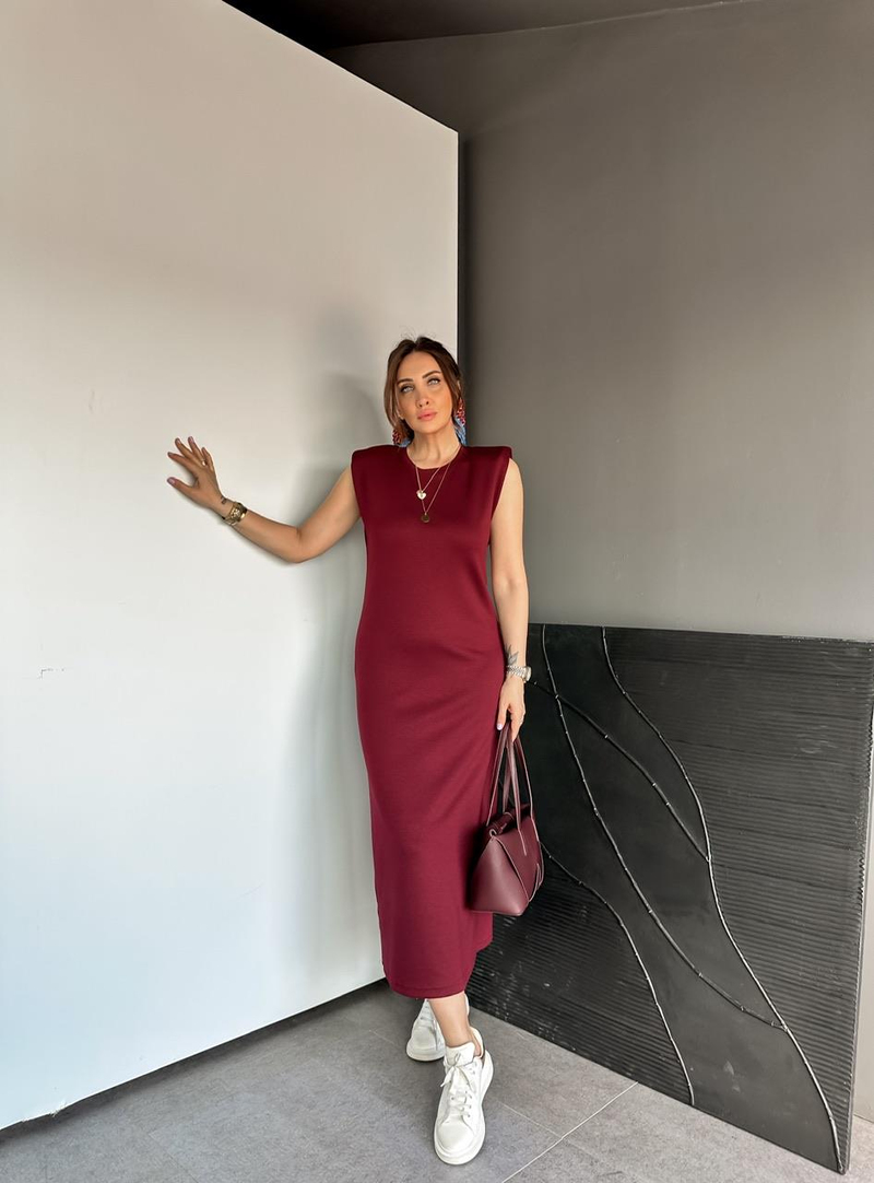 Bordo Vatkalı Likralı Basic Elbise