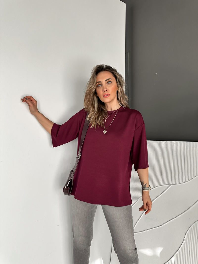 Bordo Yırtmaçlı Salaş Tshirt