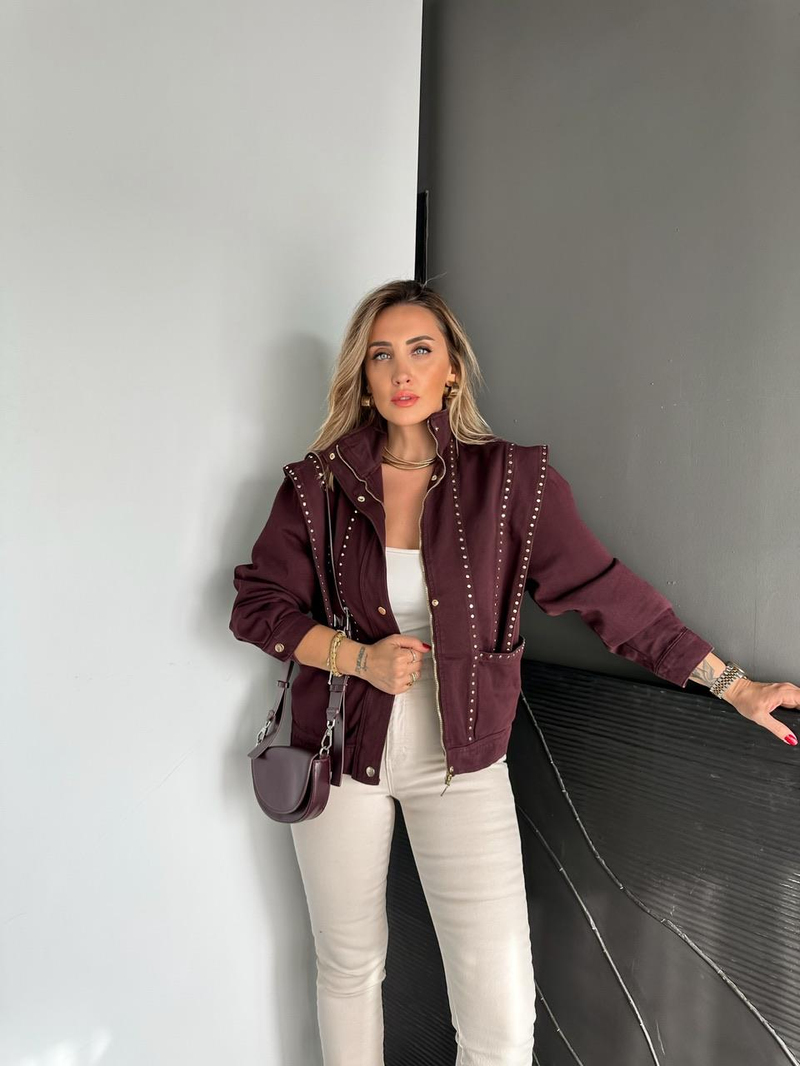 Bordo Zımbalı Omuz Detaylı Tasarım Ceket