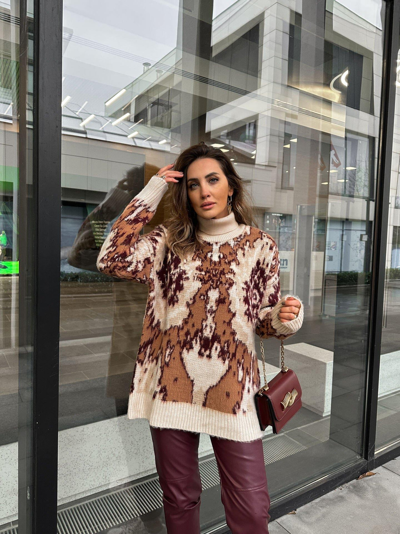 Camel Batik Desen Balıkçı Yaka Kazak
