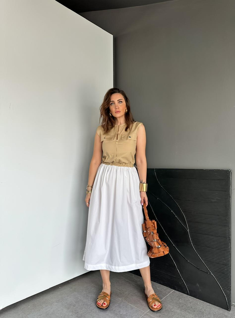 Camel Beli İpli Cepli Poplin Elbise