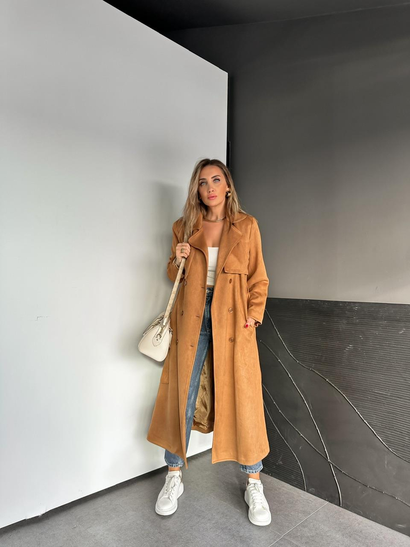 Camel Kuşaklı Süet Soft Trençkot